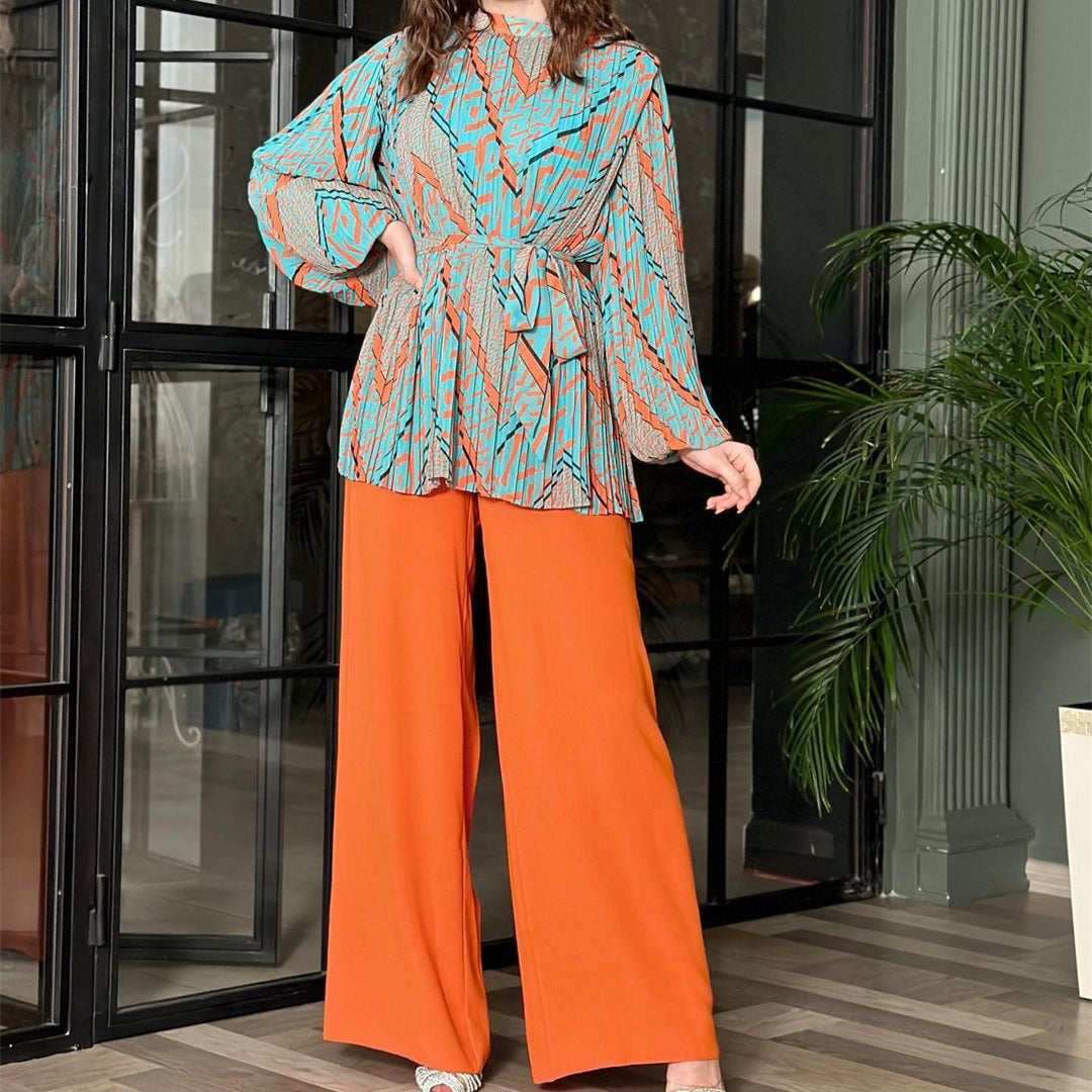 Sylvie - Elegante conjunto de blusa de manga abullonada y pantalón de pierna ancha