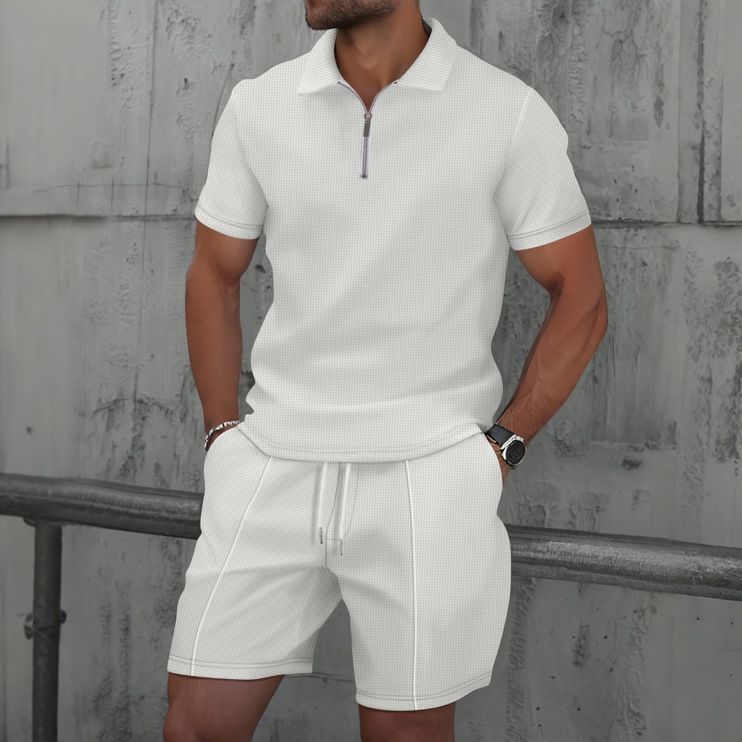 Almir - Conjunto casual de polo con medio cierre y shorts para hombre