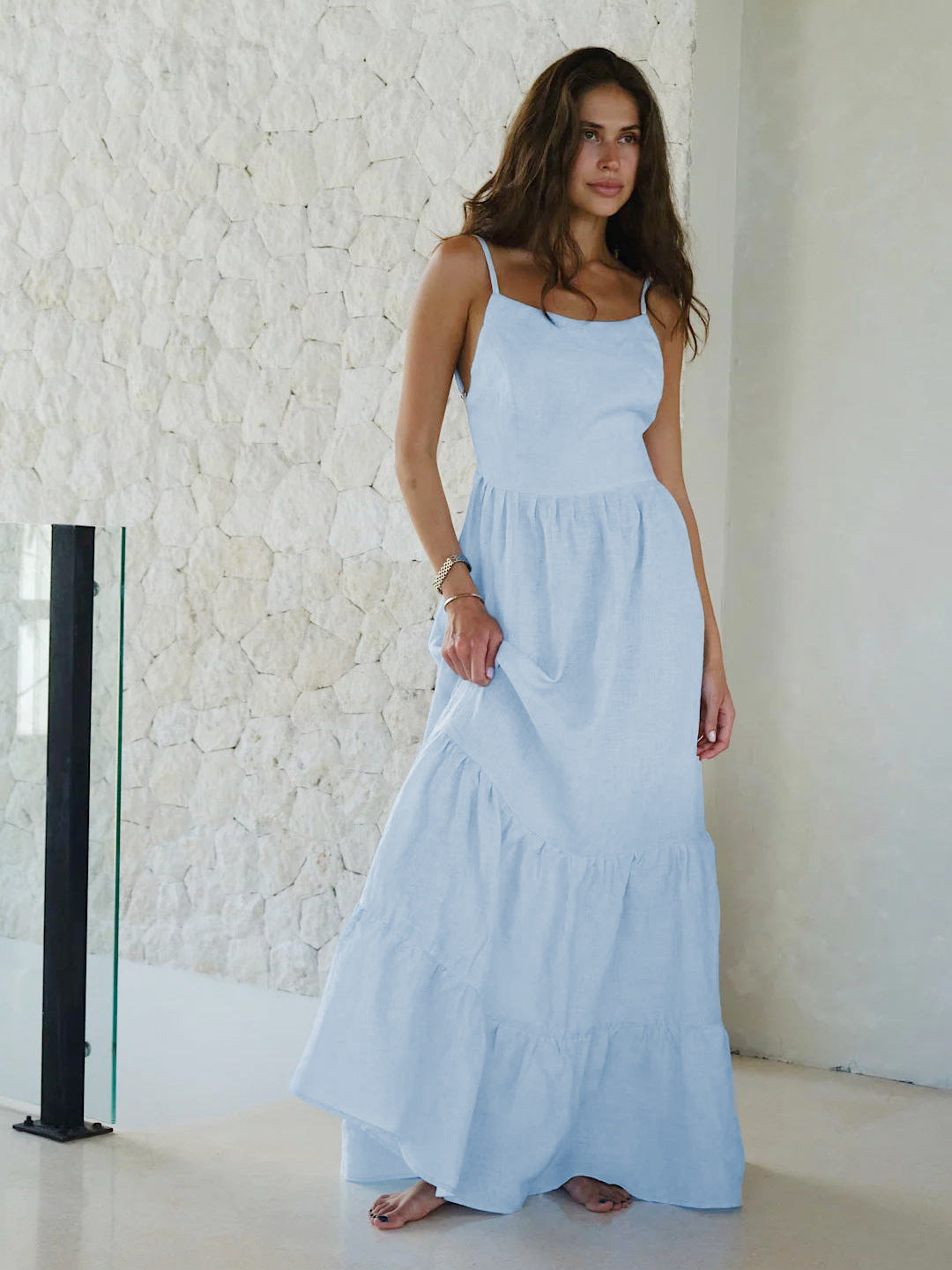 Brunca - Vestido largo de tirantes con espalda descubierta y color sólido
