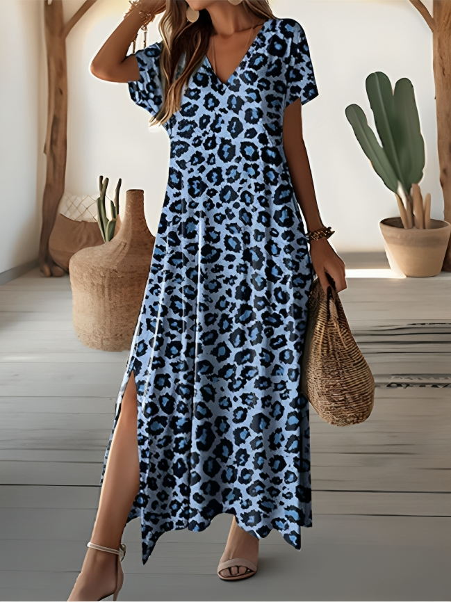Quantina - Elegante maxi vestido de manga corta y cuello en V con estampado de leopardo
