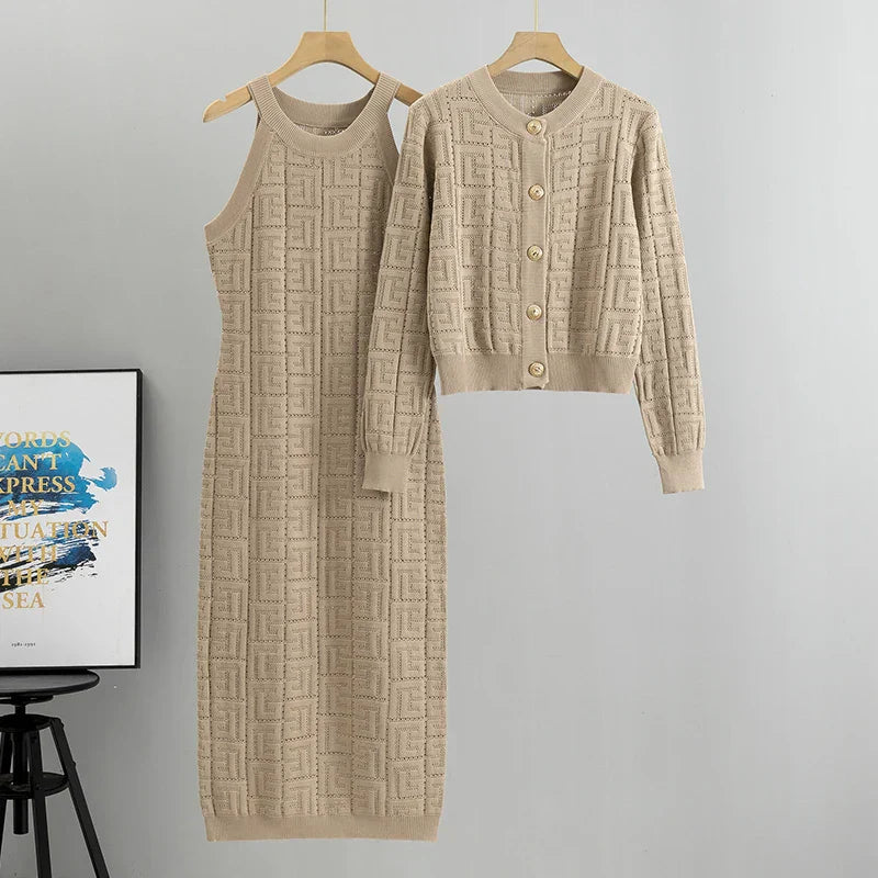 Zianna - Elegante conjunto de vestido y chaqueta de punto geométrico