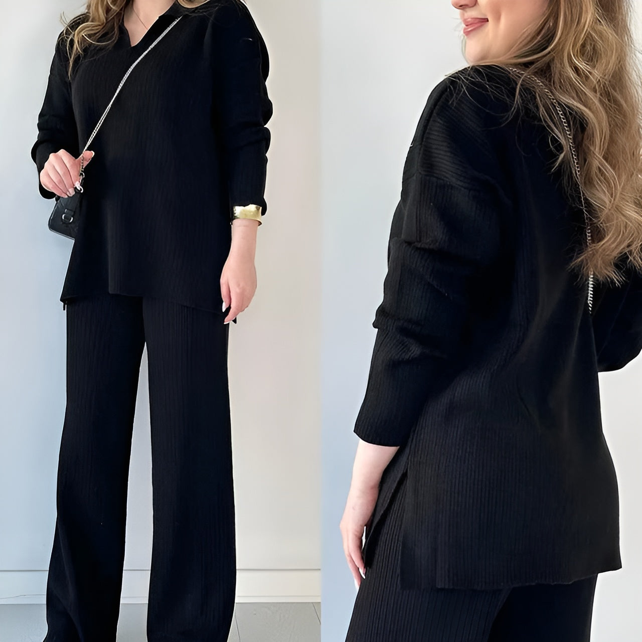 Julianna - Elegante conjunto de blusa de manga larga con cuello en V y pantalón
