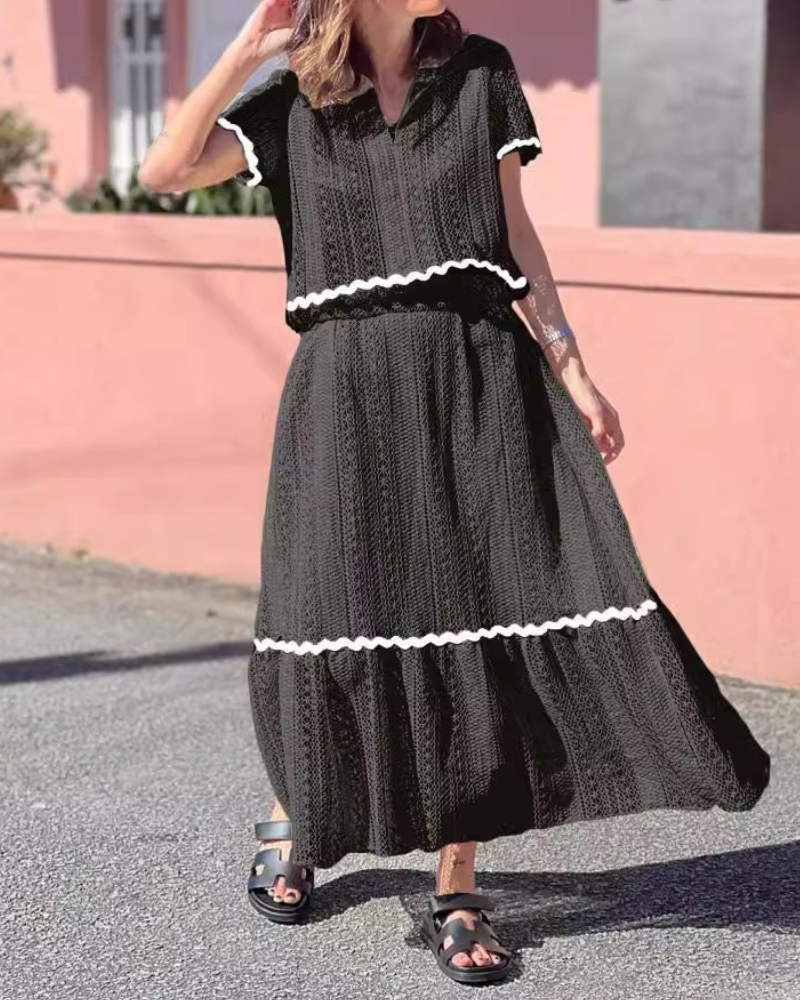 Ellaine - Elegante conjunto de falda y top de manga corta con encaje holgado