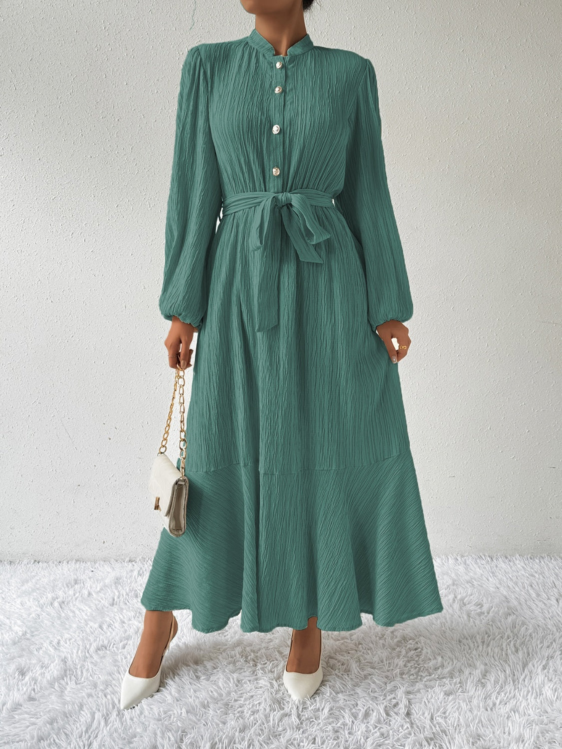 Anne - Elegante vestido largo de manga larga con cinturón de corbata