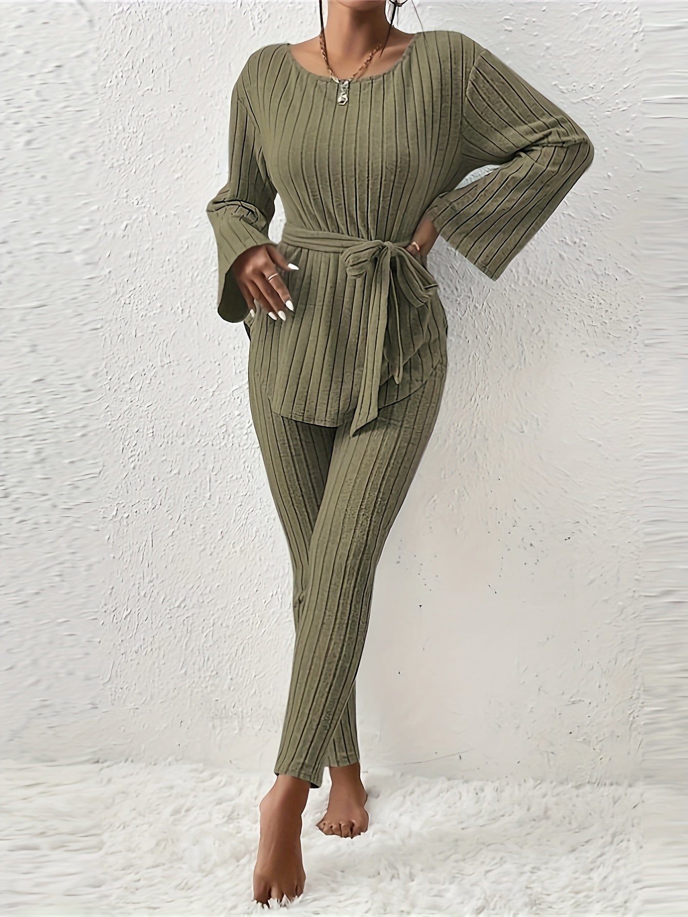 Victorina - Conjunto chic de top y pantalón de manga larga de canalé