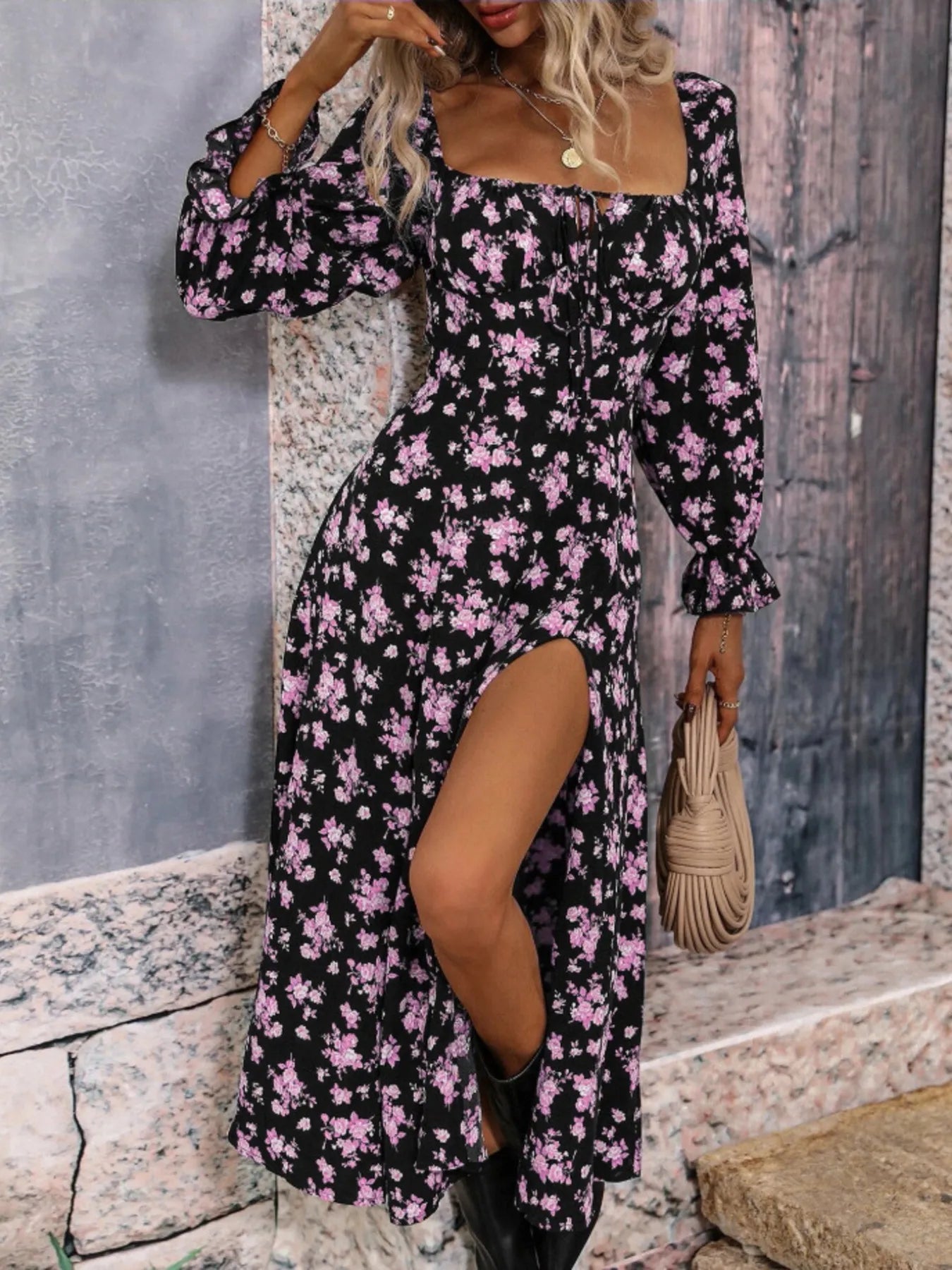 Anastasia - Elegante vestido de cuello cuadrado y manga volante con estampado floral