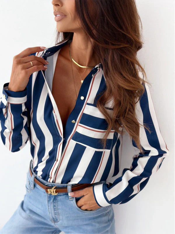 Zainab - Elegante blusa polo con botones y manga larga a rayas