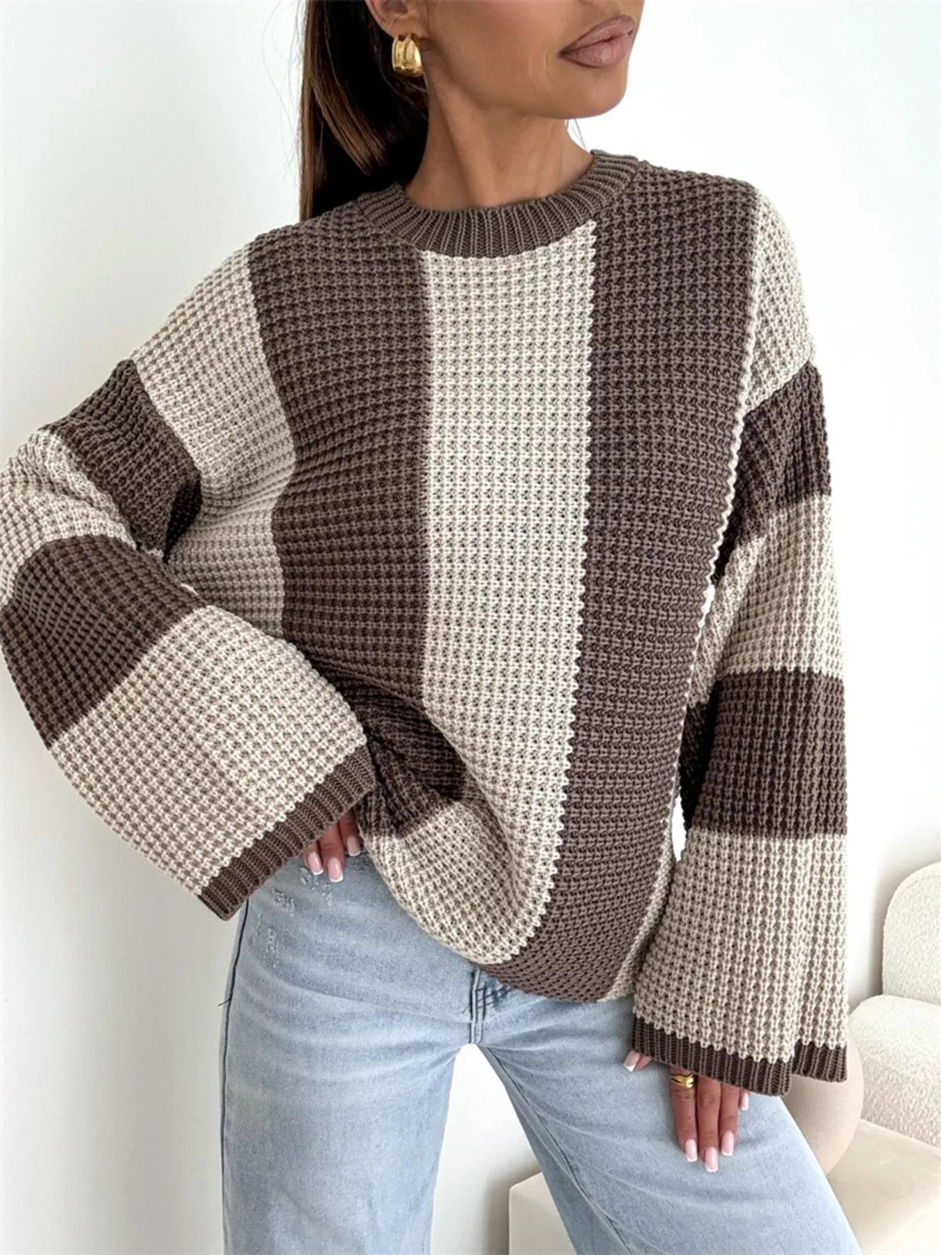 Elise - Elegante jersey de manga larga con rayas de colores y corte acampanado