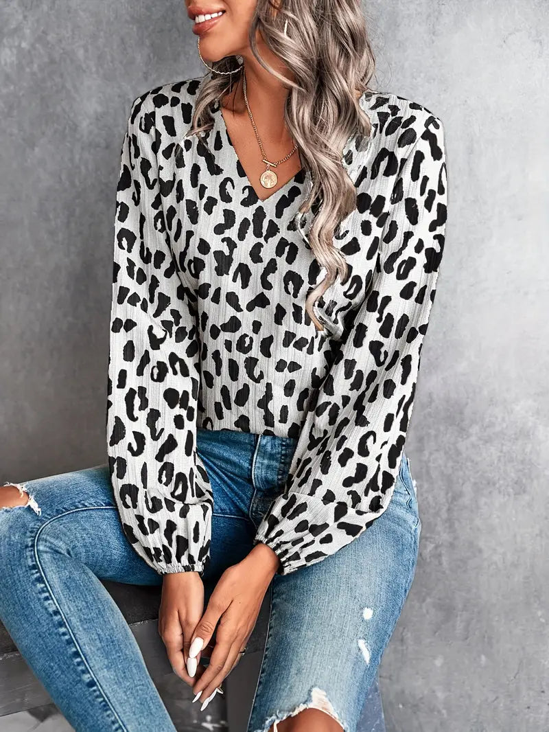 April - Blusa casual de manga larga y cuello de pico con estampado de leopardo