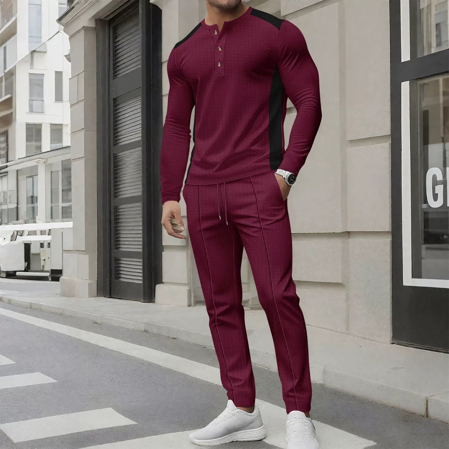 Barry - Conjunto casual de polo Slim Fit de manga larga y pantalón de punto waffle