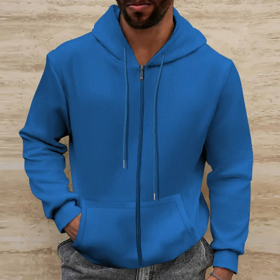 Dino - Chaqueta casual de punto waffle con cremallera completa y capucha para hombre