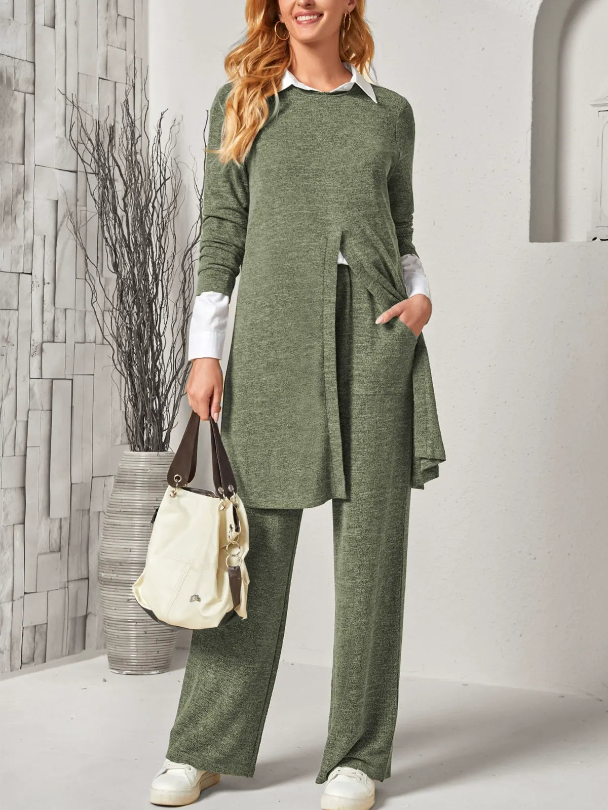 Olianna - Conjunto informal de jersey largo de punto suave y pantalones
