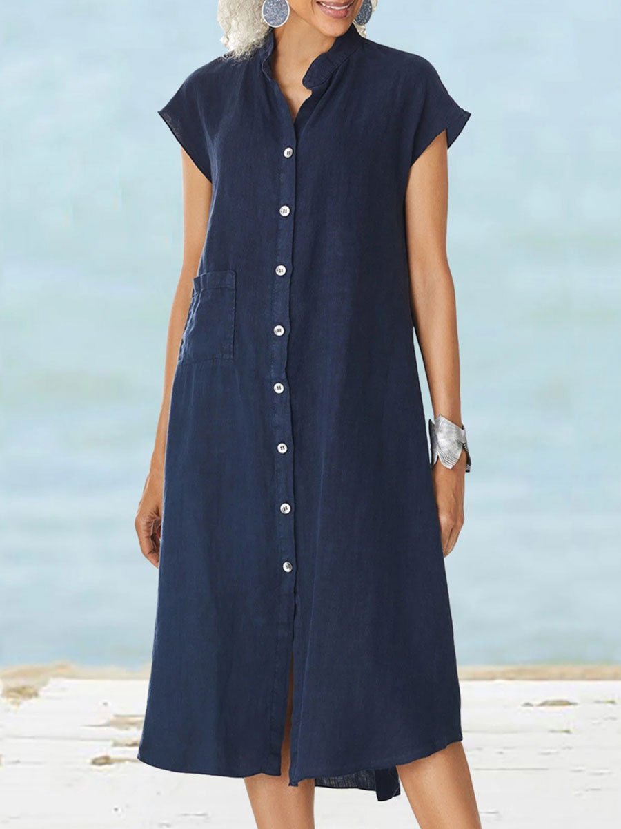 Dhalia - Vestido midi casual de manga corta con botones