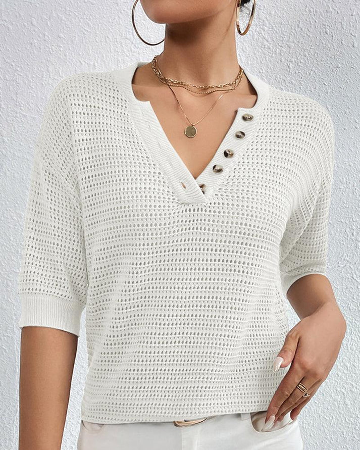 Ashley - Blusa casual de punto con cuello de pico