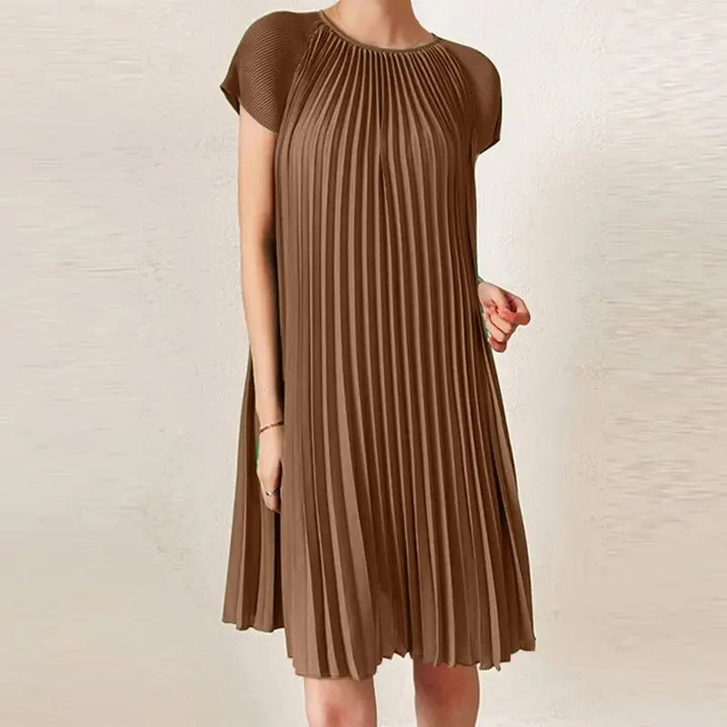 Braelyn - Elegante vestido midi plisado de manga corta y cuello redondo