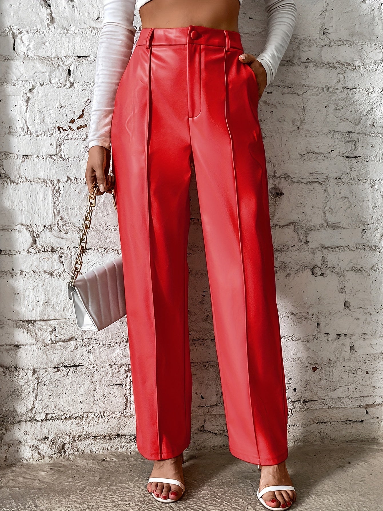 Shanelle - Pantalón de cuero de talle alto y pierna recta