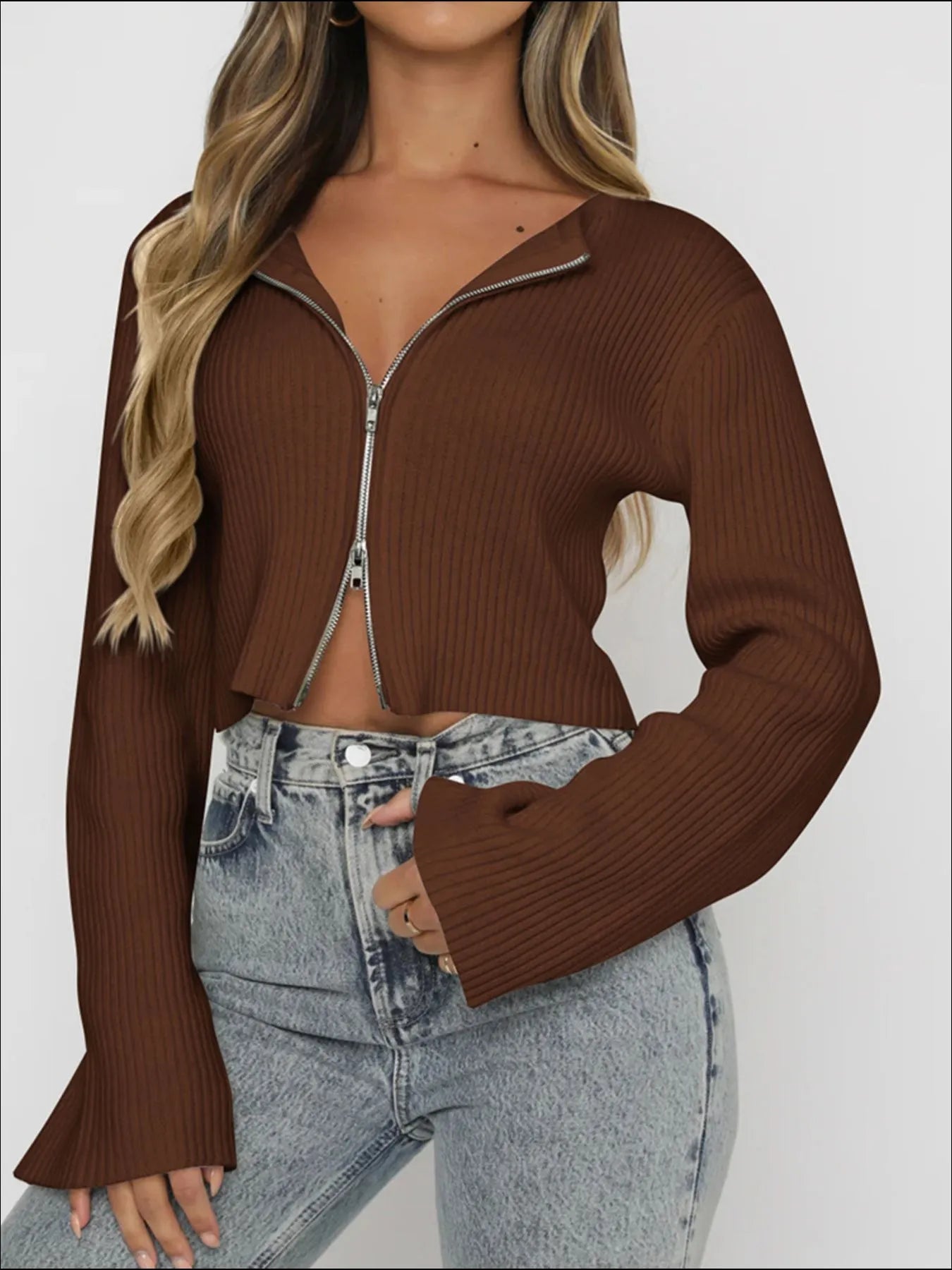 Saira - Camiseta de manga larga de canalé con cremallera