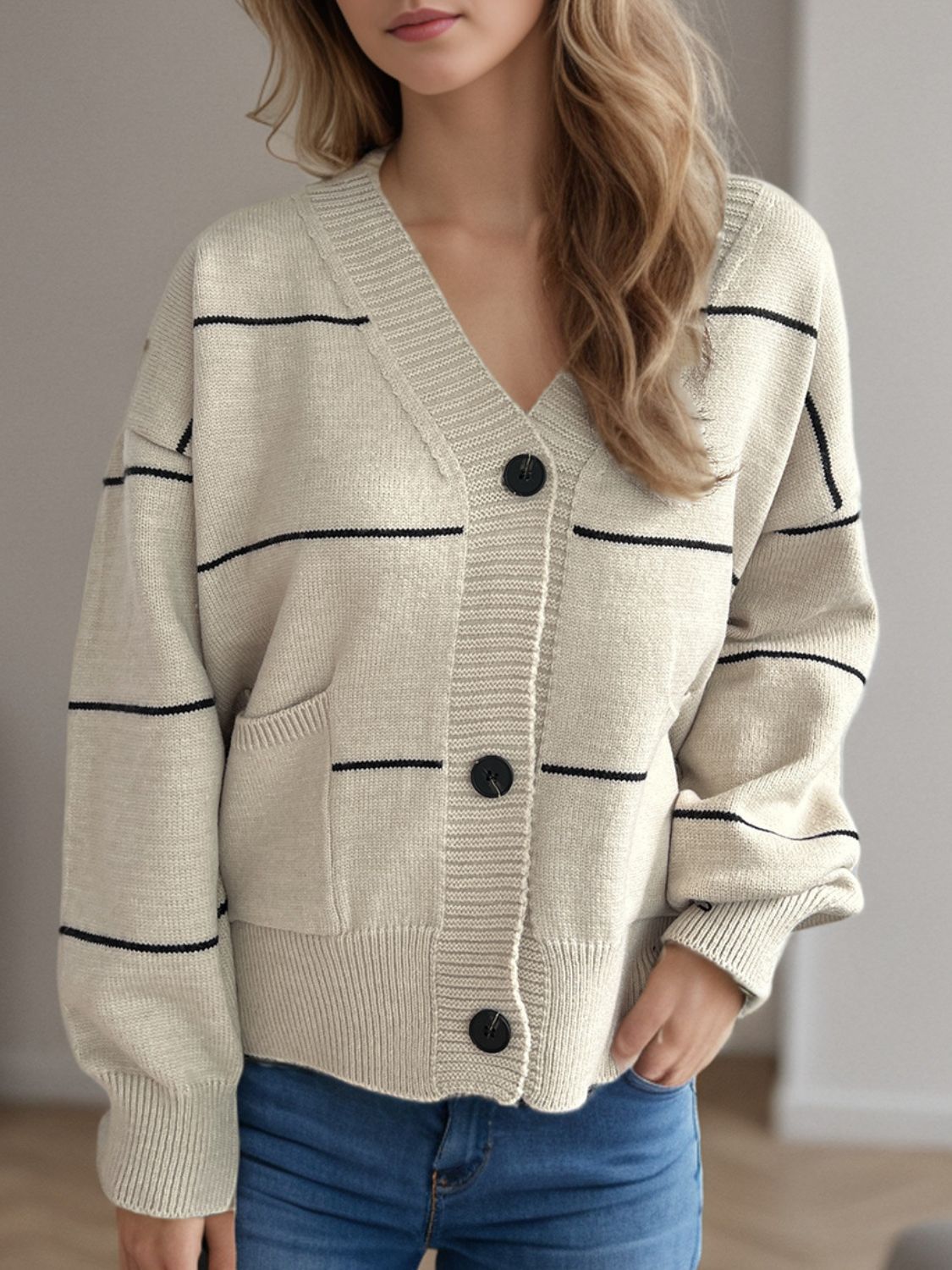 Aubrey - Chaqueta informal de manga larga con cuello en V y botones a rayas