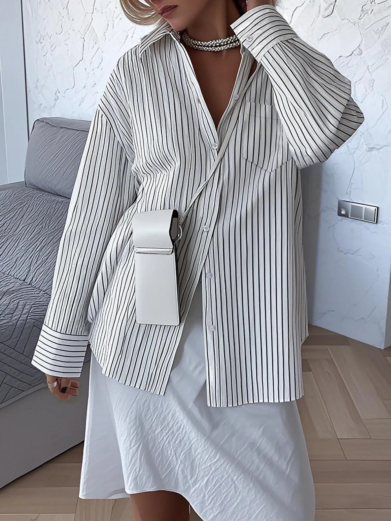 Elisa - Camisa holgada de manga larga con rayas y botones