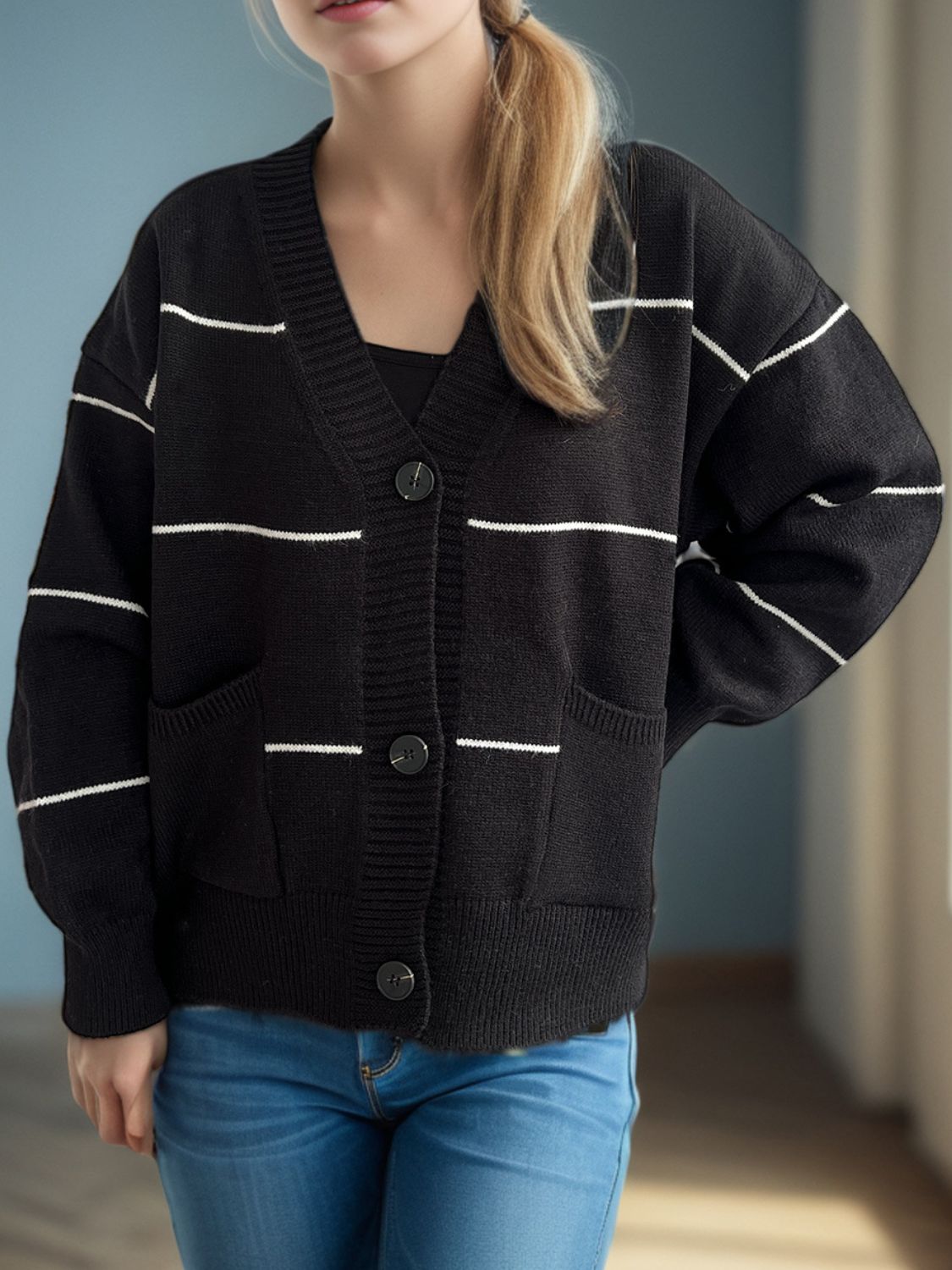 Aubrey - Chaqueta informal de manga larga con cuello en V y botones a rayas
