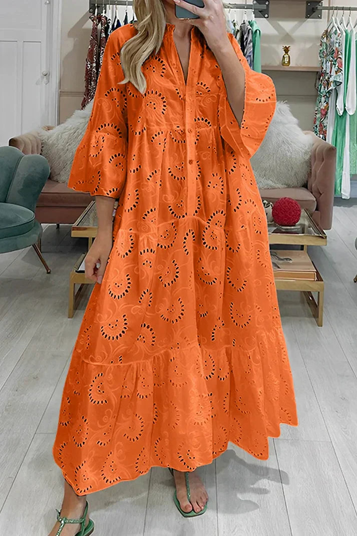 Mirasol - Elegante maxi vestido vintage bordado de manga acampanada