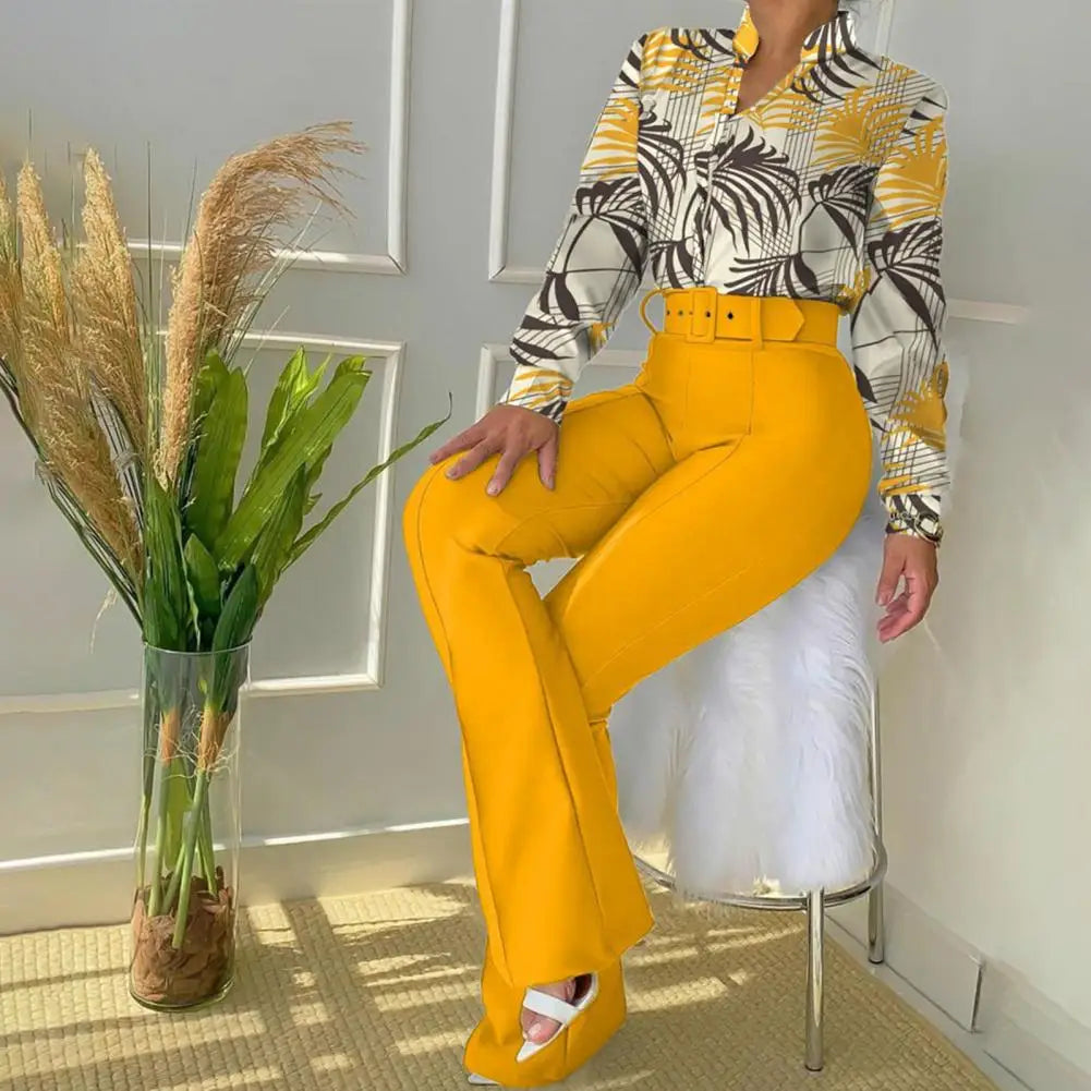 Lennea - Elegante conjunto de polo estampado de manga larga y pantalón