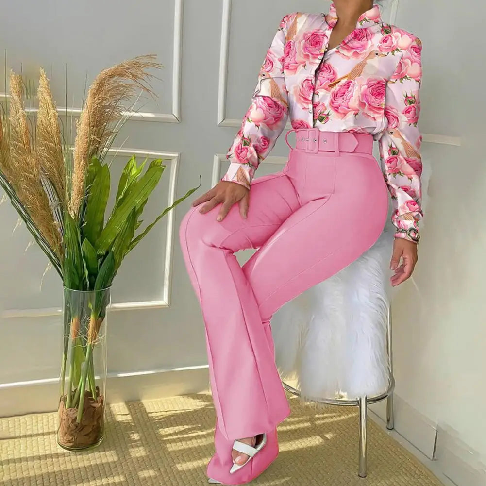 Lennea - Elegante conjunto de polo estampado de manga larga y pantalón