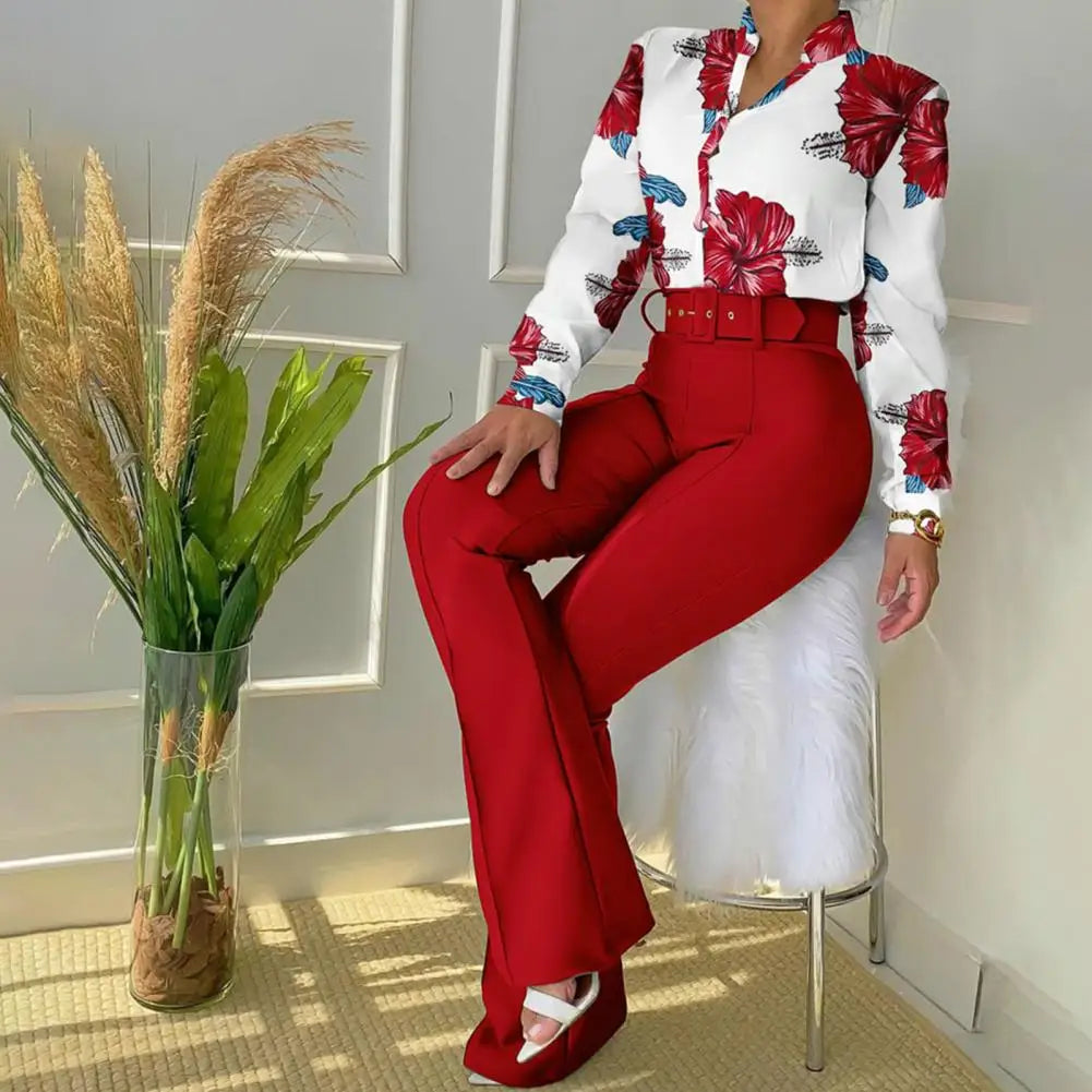 Lennea - Elegante conjunto de polo estampado de manga larga y pantalón