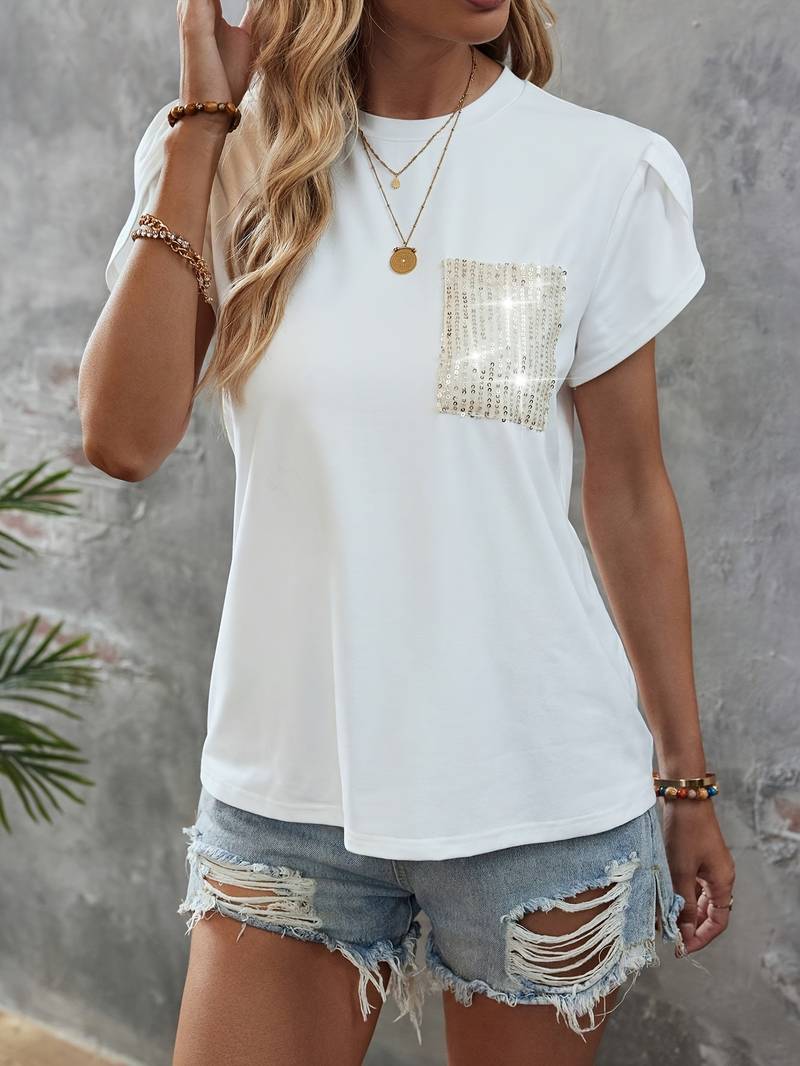 Shane - Top chic con mangas de pétalo y bolsillo de lentejuelas