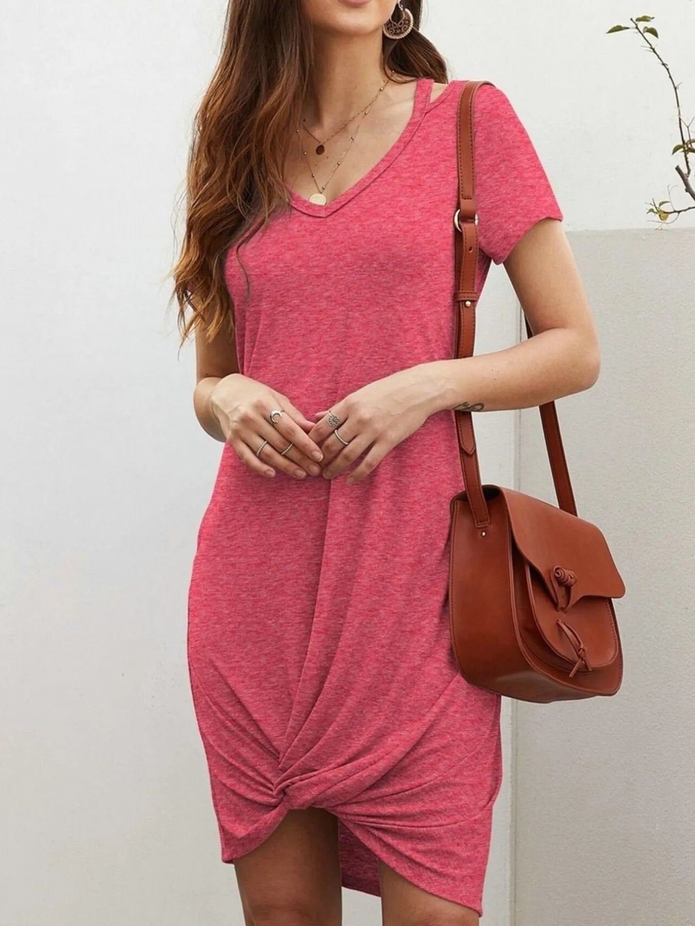 Celestina - Vestido casual de manga corta con cuello en V y nudo trenzado