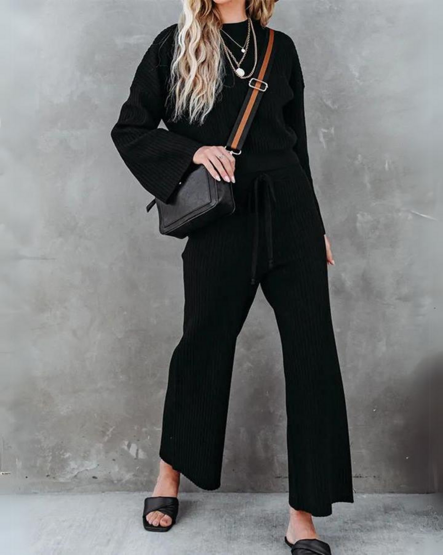 Verla - Elegante conjunto de top y pantalón de manga larga y cuello redondo