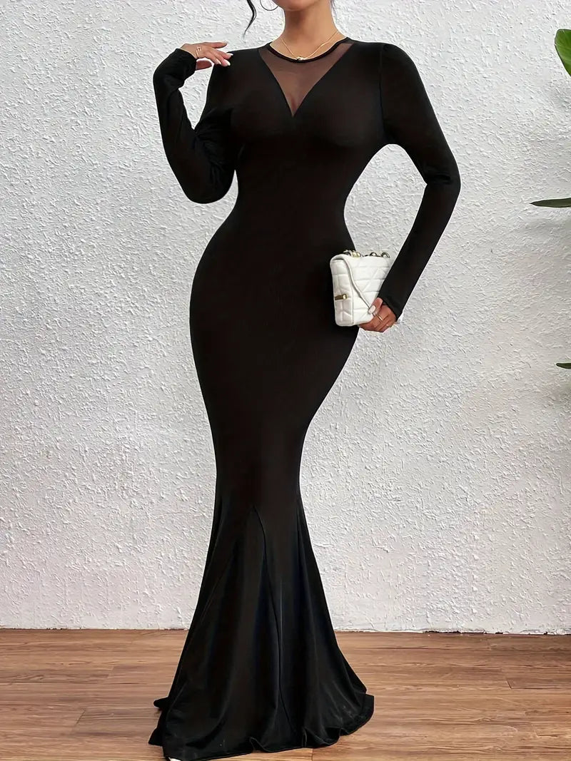 Aniza – Vestido largo con escote en pico y manga larga en malla