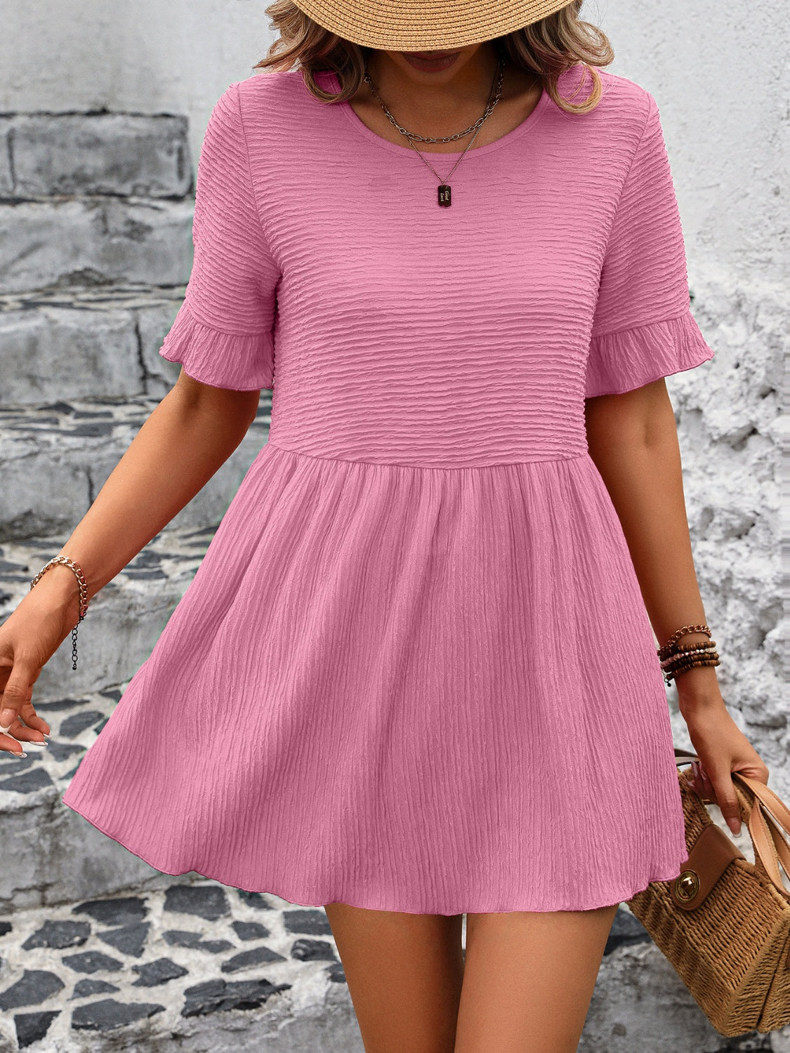 Evie - Blusa suelta de cuello redondo y manga corta con volante