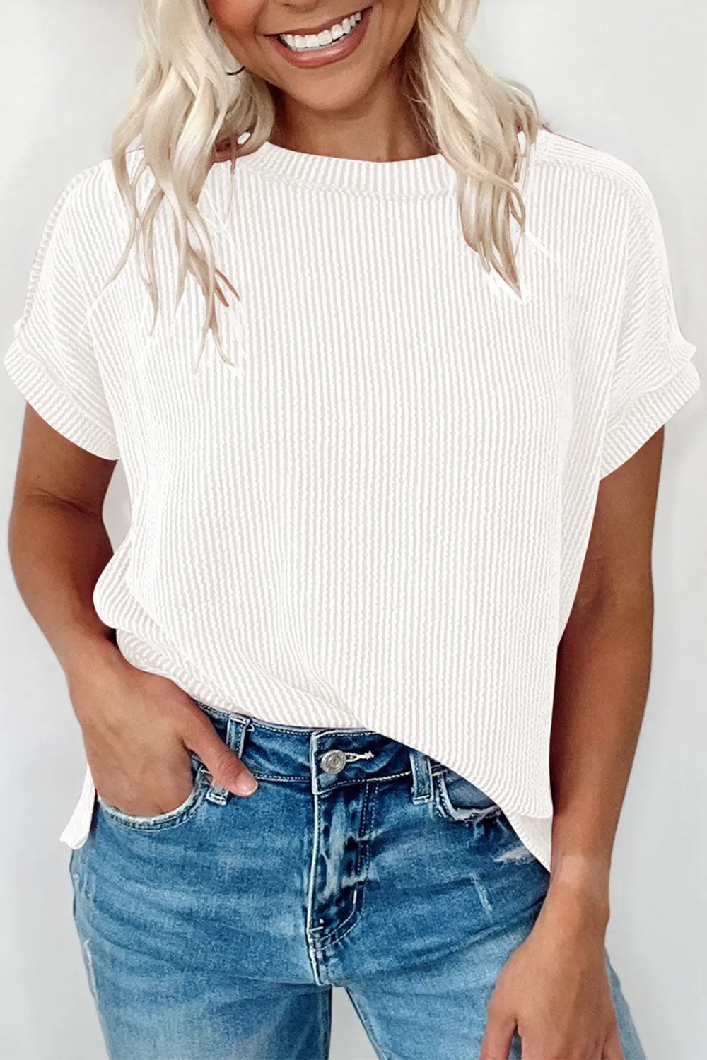 Pearl - Camiseta de manga corta de canalé y cuello redondo chic casual