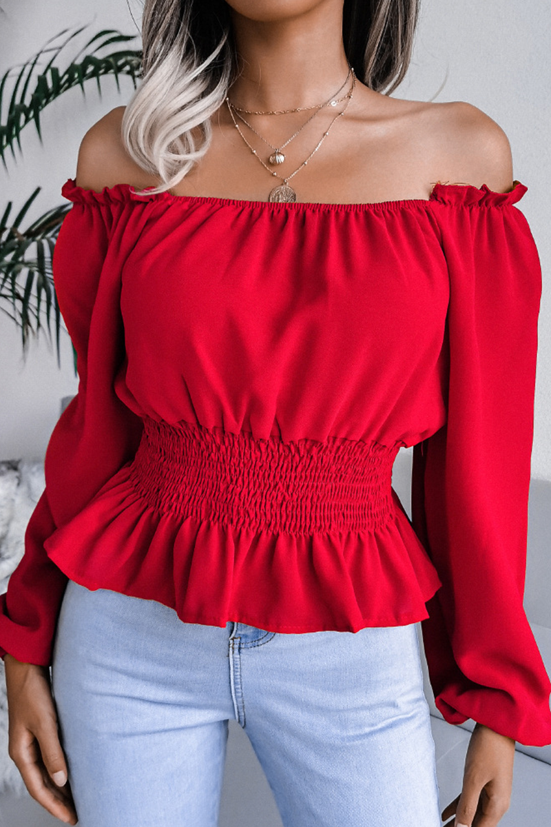 Landra - Elegante blusa de manga larga sin hombros con dobladillo de volante