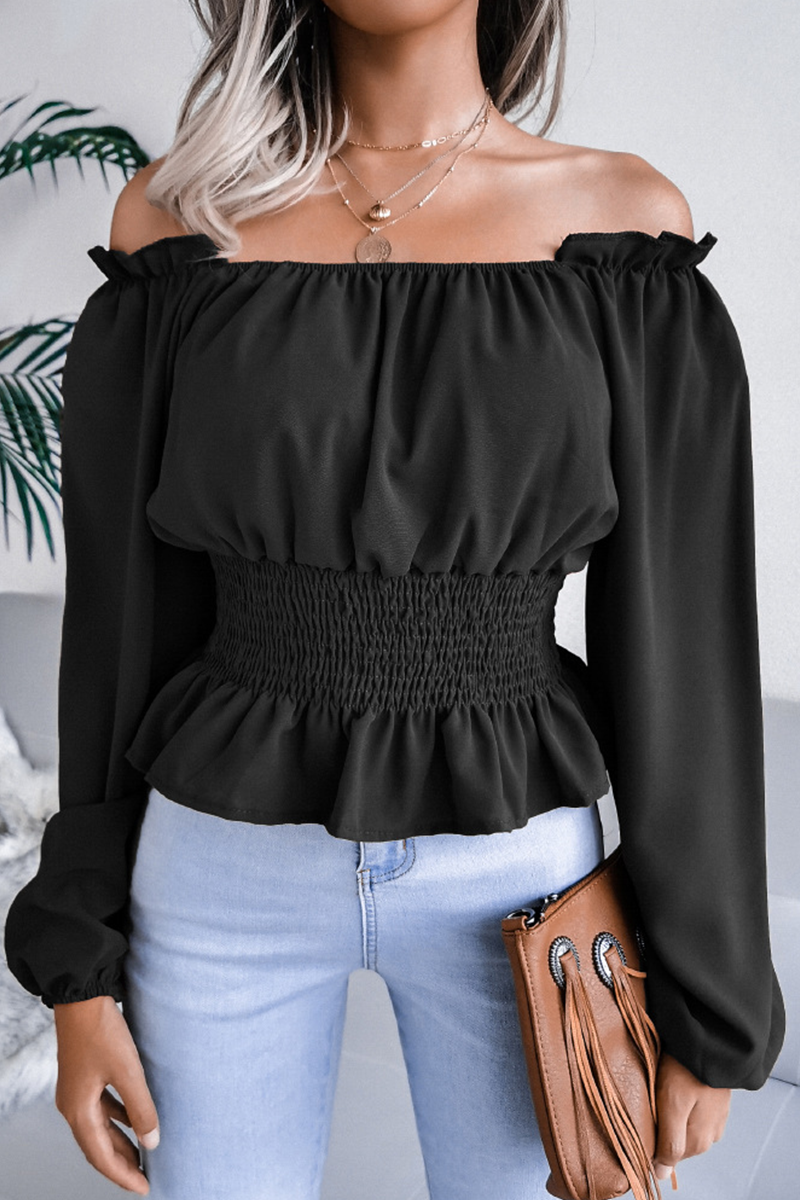 Landra - Elegante blusa de manga larga sin hombros con dobladillo de volante