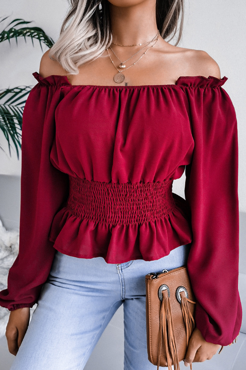 Landra - Elegante blusa de manga larga sin hombros con dobladillo de volante