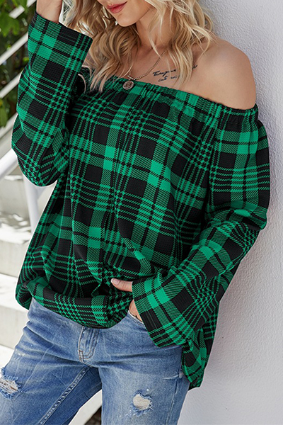 Blaire - Blusa informal con hombros descubiertos a cuadros sueltos