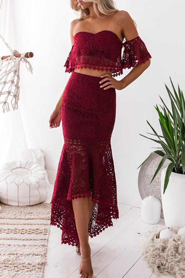 Gayle - Elegante conjunto de top corto con hombros descubiertos y falda de encaje