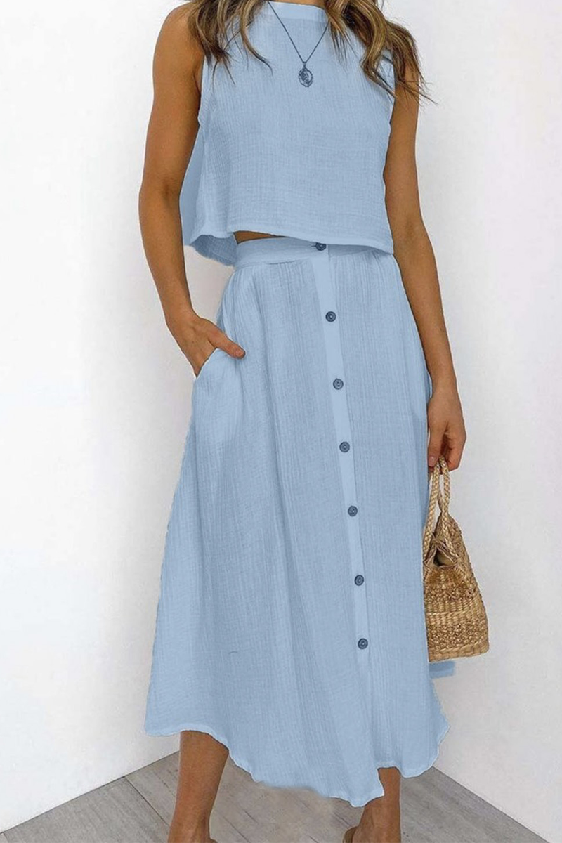 Evangeline - Estilosa blusa sin mangas y falda midi abotonada de cintura alta