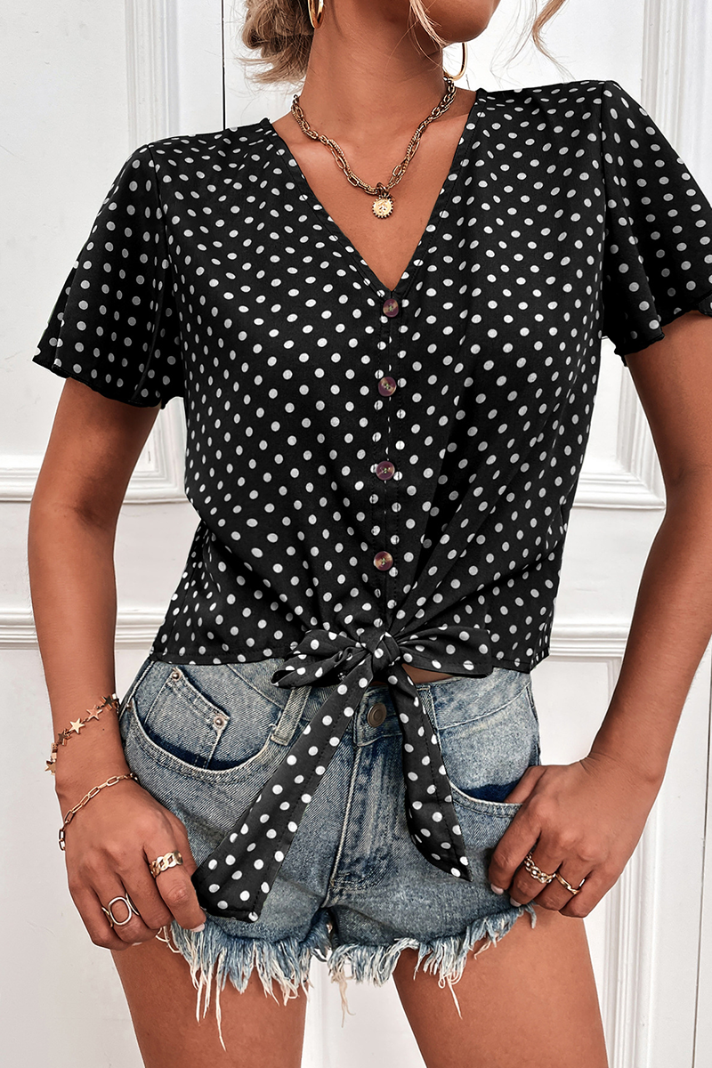 Raina - Blusa de encaje con cuello en V y lunares