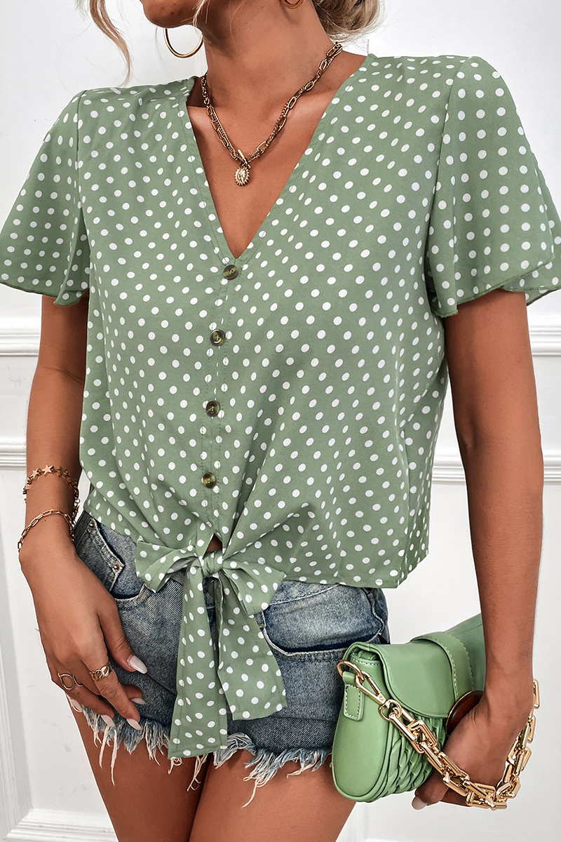 Raina - Blusa de encaje con cuello en V y lunares