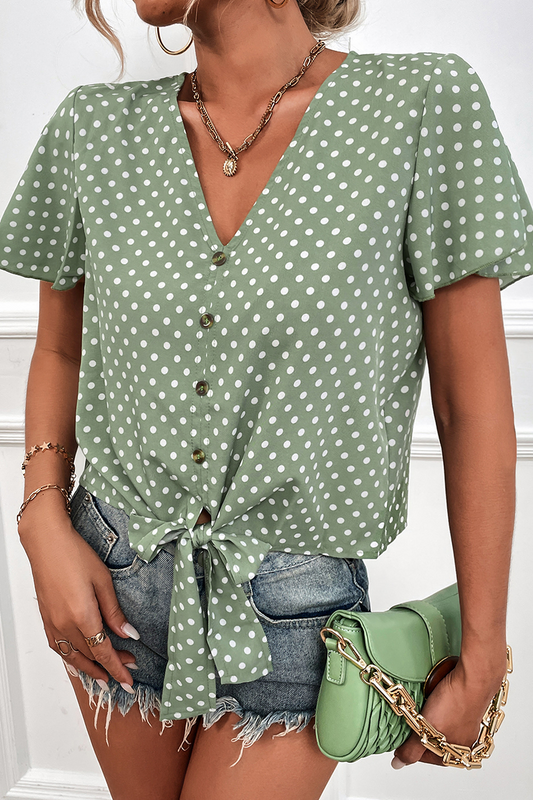 Raina - Blusa de encaje con cuello en V y lunares