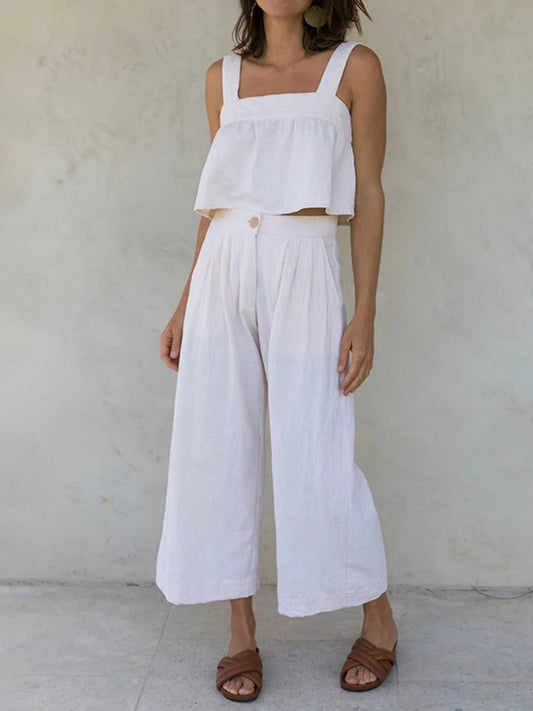 Meilin - Elegante conjunto de top corto con cuello cuadrado y tirantes anchos y pantalones