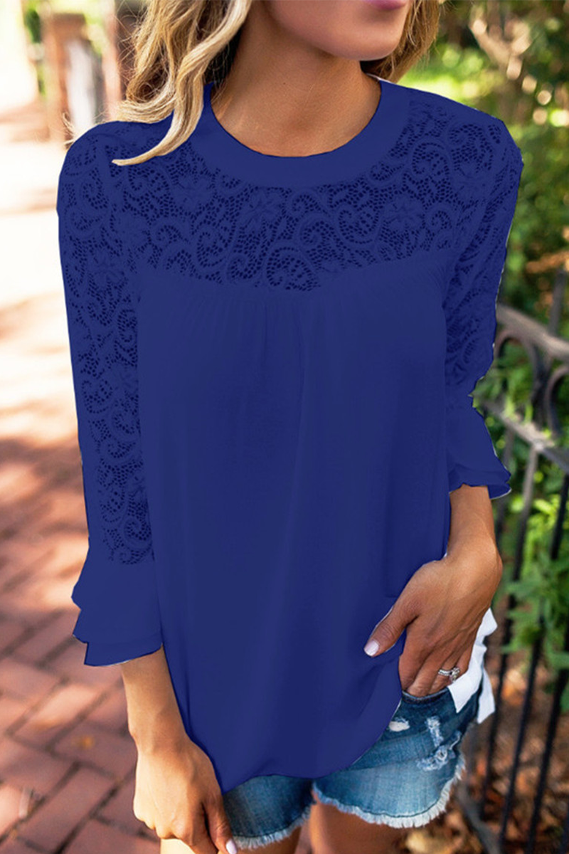 Belle - Blusa casual de encaje y cuello redondo