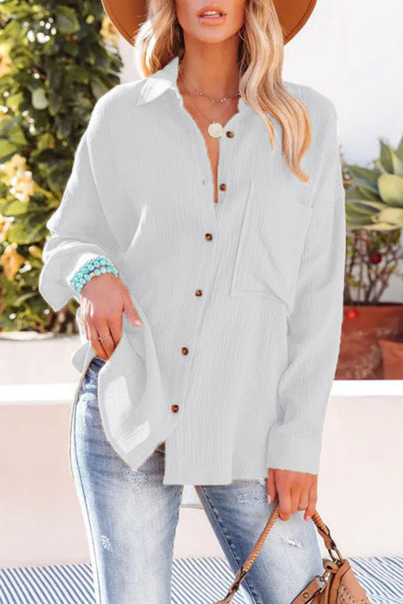 Aubriella - Blusa informal de manga larga y botones y cuello vuelto