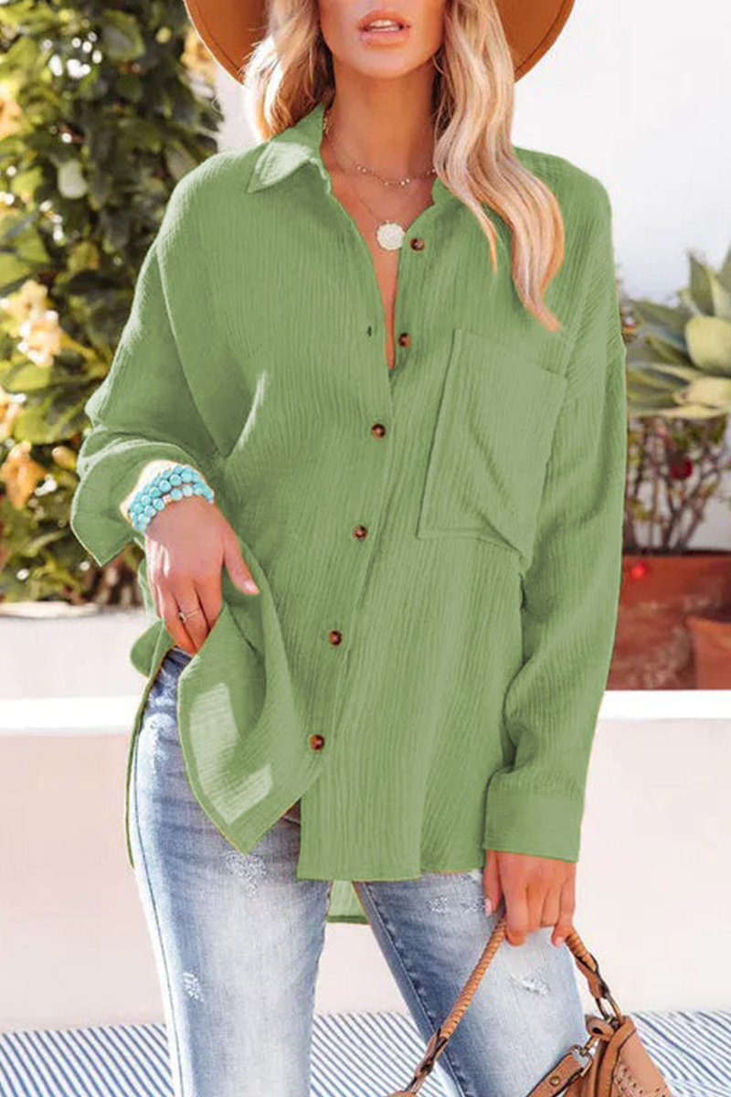 Aubriella - Blusa informal de manga larga y botones y cuello vuelto