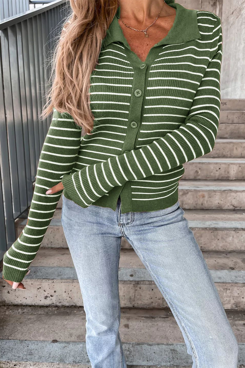 Nikka - Blusa de manga larga con cuello de polo y botones delanteros a rayas