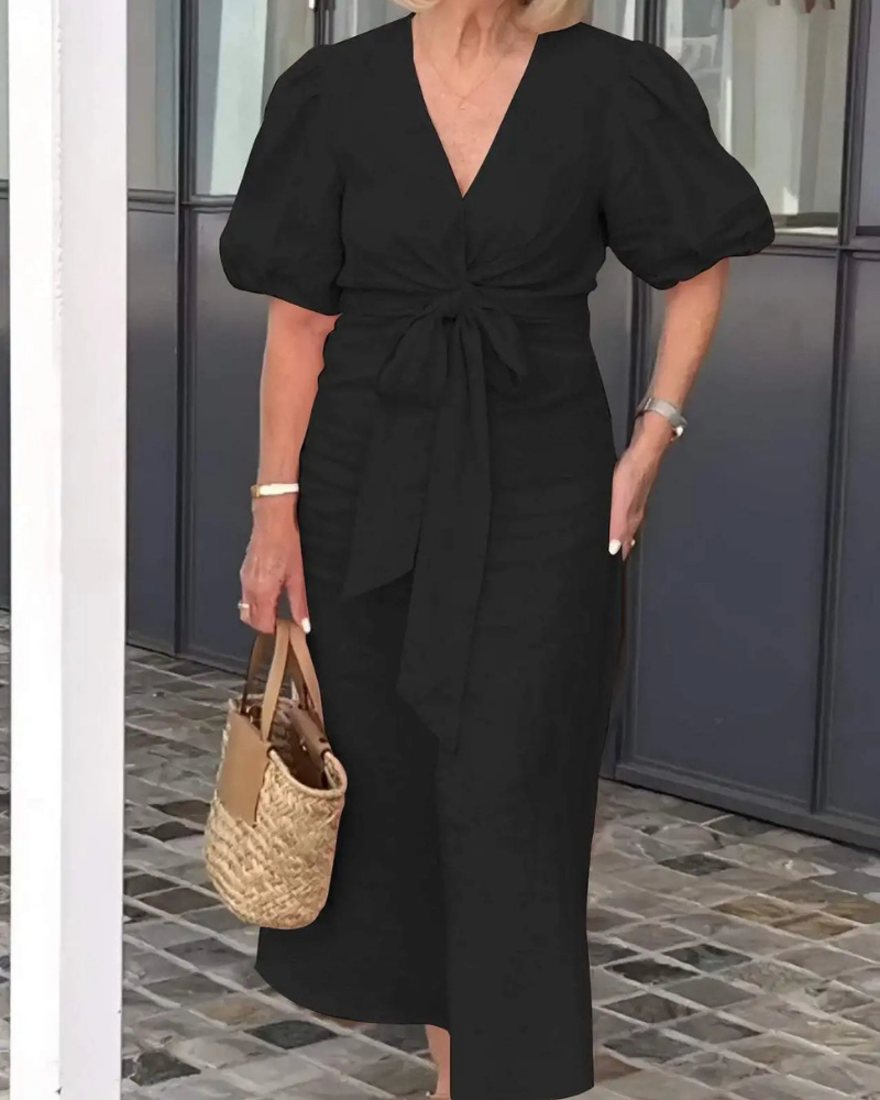 Narelle - Vestido casual elegante con cuello en V y mangas abullonadas
