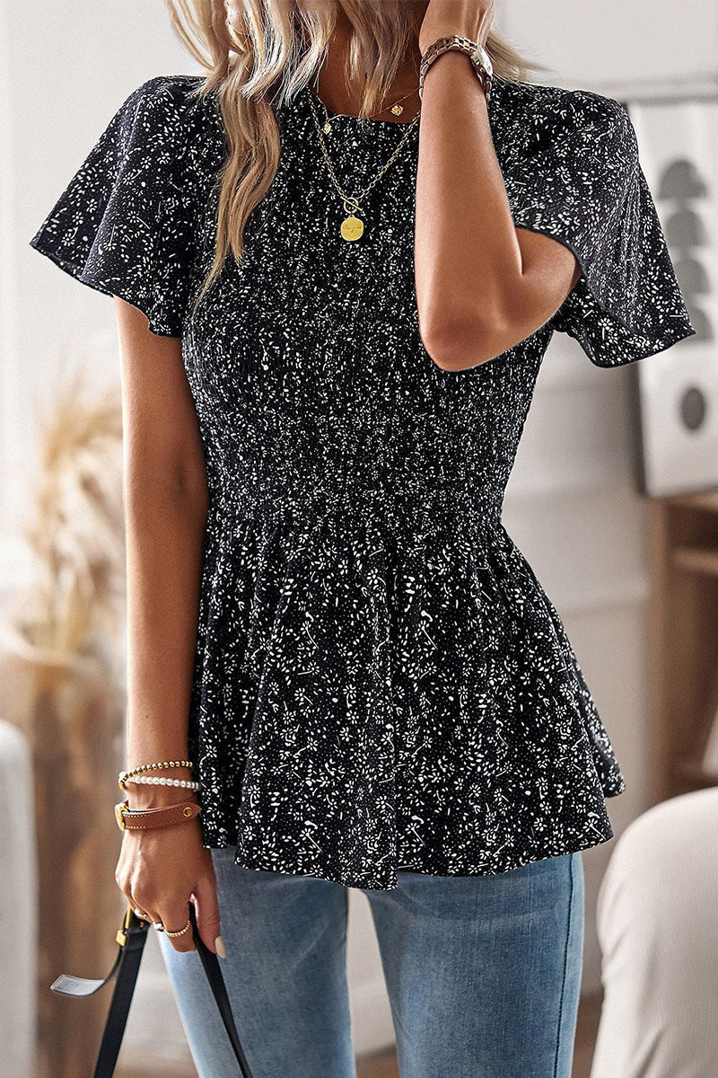 Louisa - Estilosa blusa floral de manga corta con dobladillo de volantes